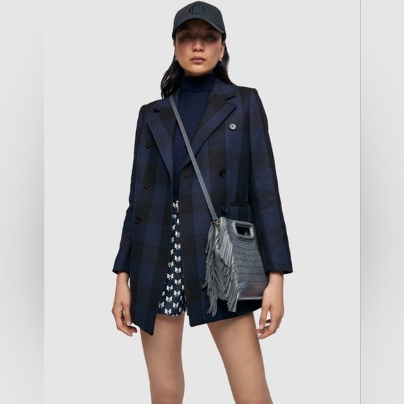 MAJE Goldan Coat Tailored Plaid Oversized Double Breasted Blazer Blue Black Wool - Picture 4 of 16